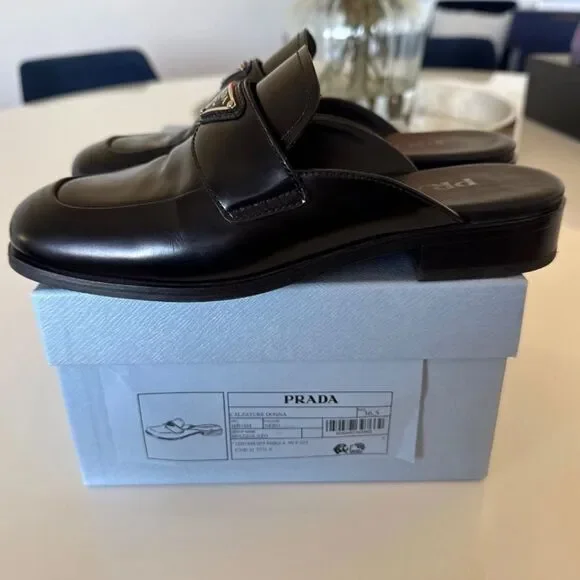 Prada Black Square Toe Leather Logo Slip-On Mules EU 36.5 US 6.5 Authentic - Picture 7 of 10
